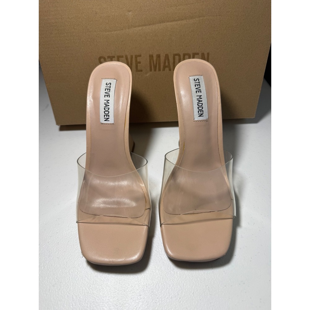 Steve Madden Lipa Clear Tan Nude Flared Block Heel Mules Square Toe Sandals 7.5M
